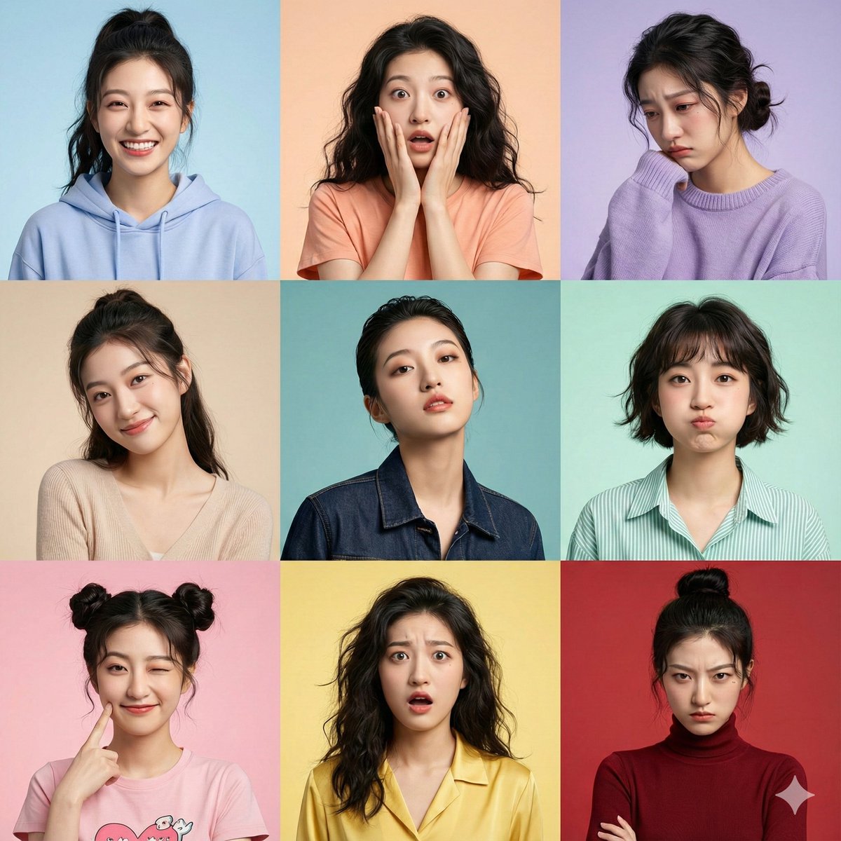 Maintain identical facial structure across all panels